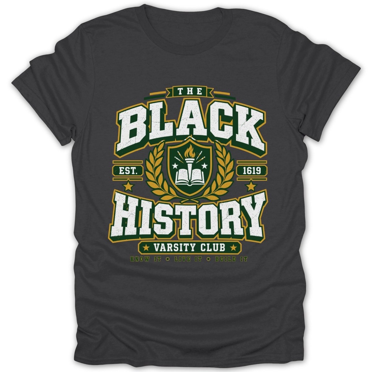The Black History Varsity Club t-shirt features a crest with an open book and torch.