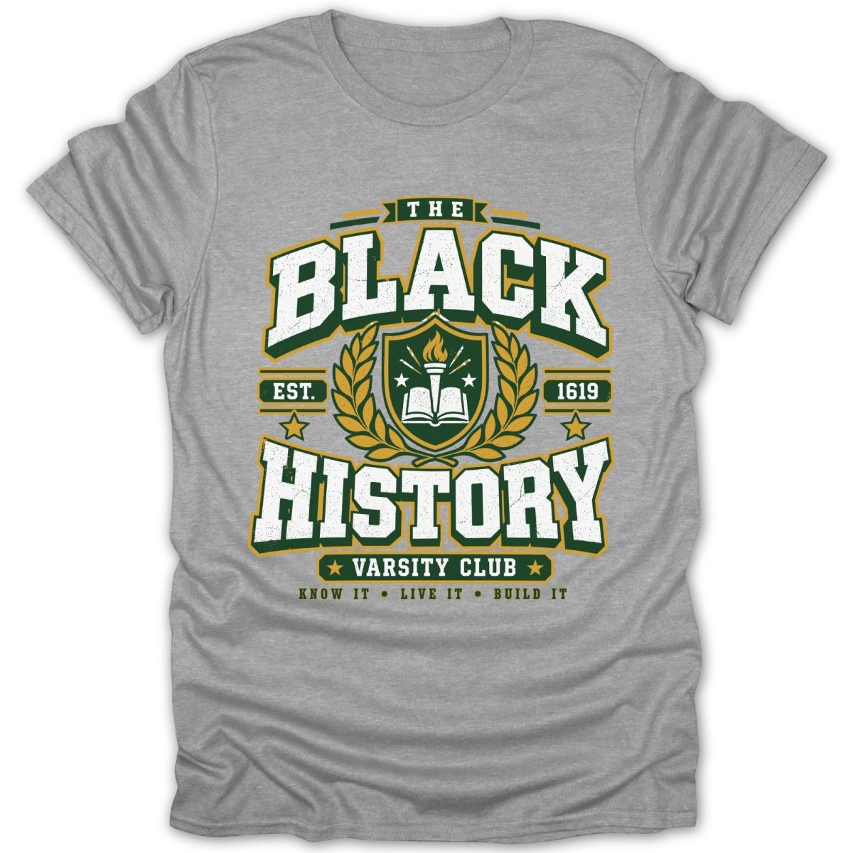 Grey t-shirt with "The Black History Varsity Club" text and shield logo.