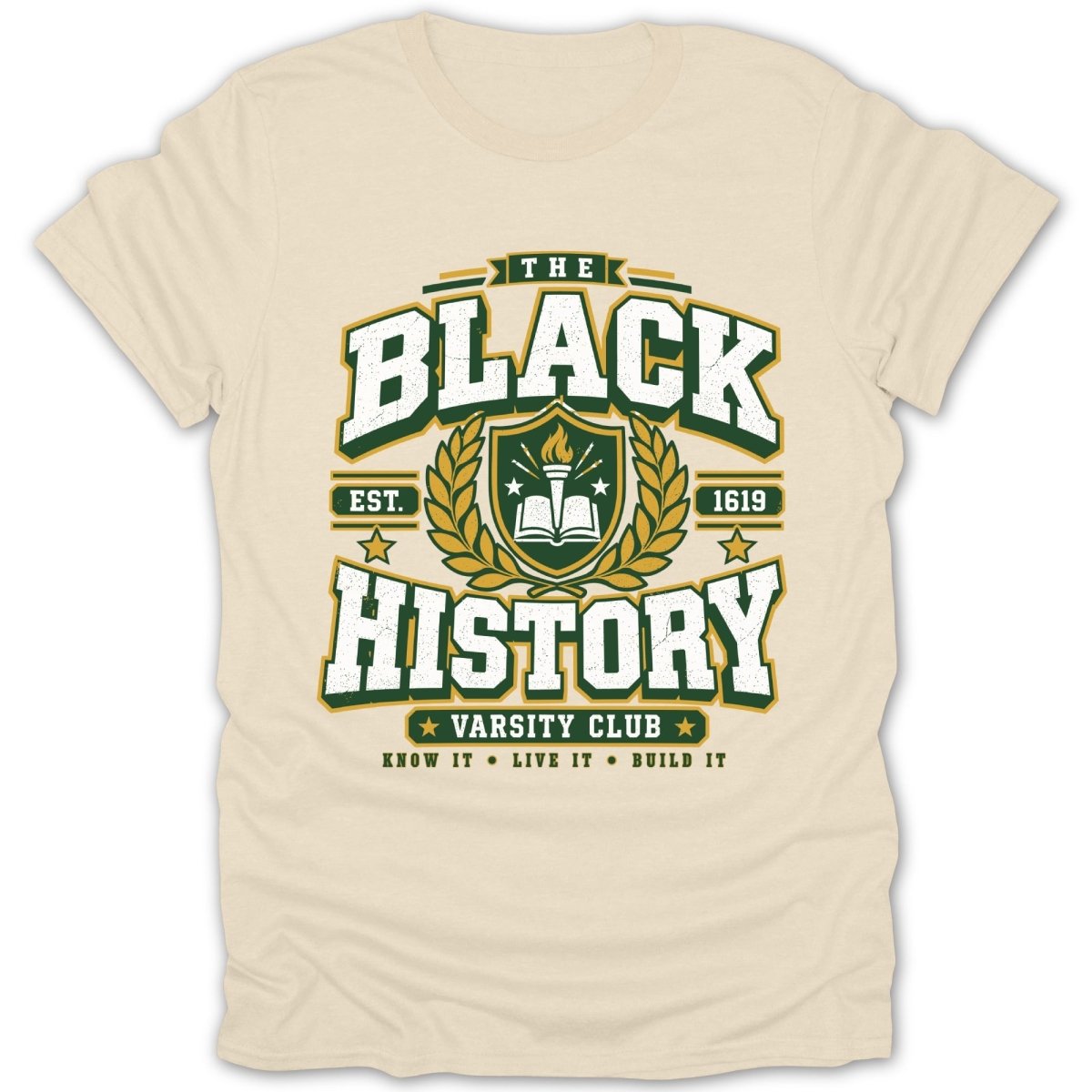 Cream t-shirt with "The Black History Varsity Club Est. 1619" graphic.