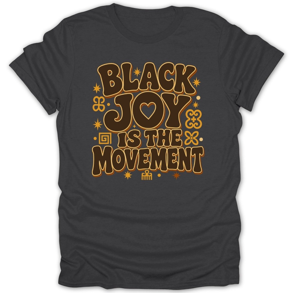 Dark gray t-shirt with "BLACK JOY IS THE MOVEMENT" text and decorative elements.