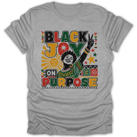 T-shirt with "BLACK JOY ON PURPOSE" text, sun, and a woman with her hand raised.
