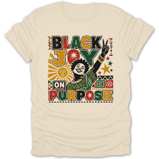 "Black Joy On Purpose" text graphic with a smiling figure giving peace sign.