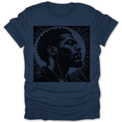 Dark blue t-shirt with black linocut print of a man's profile and radiating circle.
