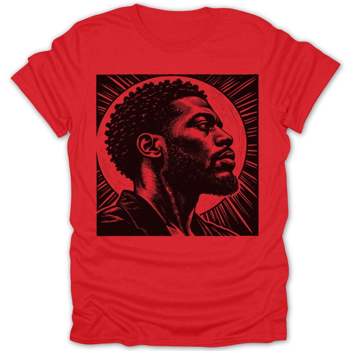 Red t-shirt with black graphic of a man's profile against a sunburst.