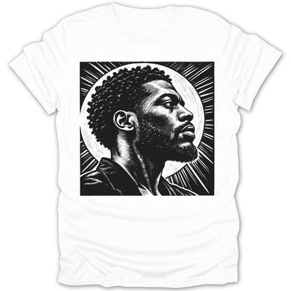 Black and white linocut style illustration of a man's profile with a sunburst.