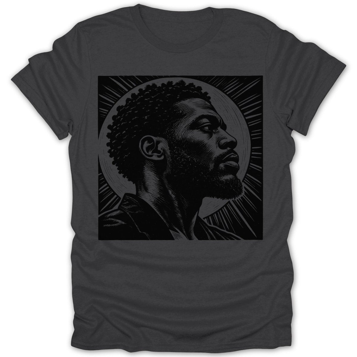 Black and white woodcut-style portrait of a man with a beard and afro, looking right.