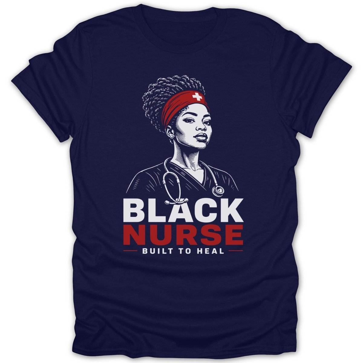 Black nurse illustration with stethoscope and text "Black Nurse Built to Heal".