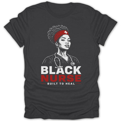 Black nurse illustration with stethoscope, red bandana, and text "Built to Heal".
