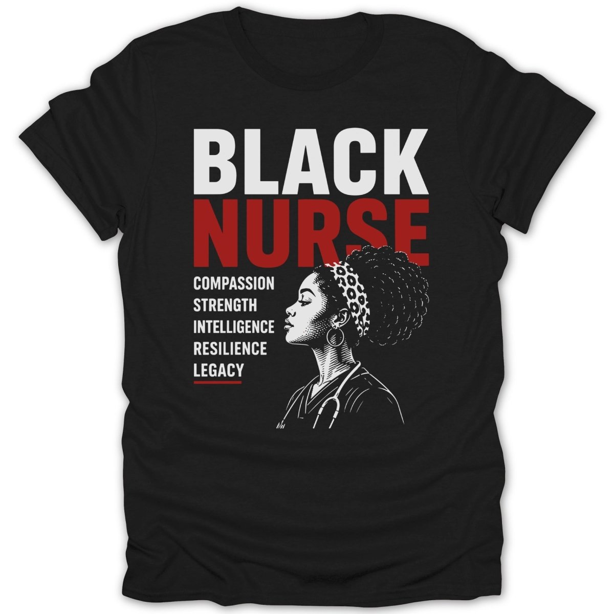 Black Nurse text with a profile of a woman and words compassion, strength, intelligence, resilience, legacy.