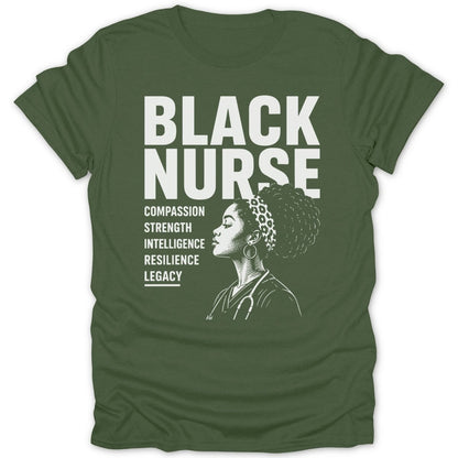 Green t-shirt with white text reading "BLACK NURSE" and a nurse portrait.
