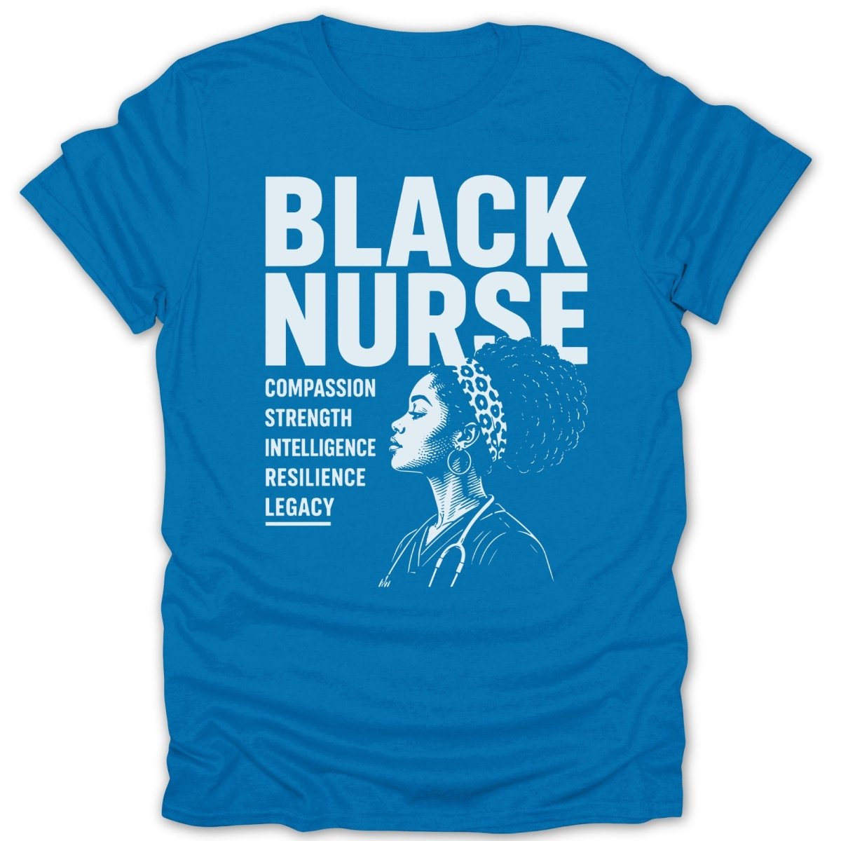 Blue t-shirt with "BLACK NURSE" text and an illustration of a nurse.