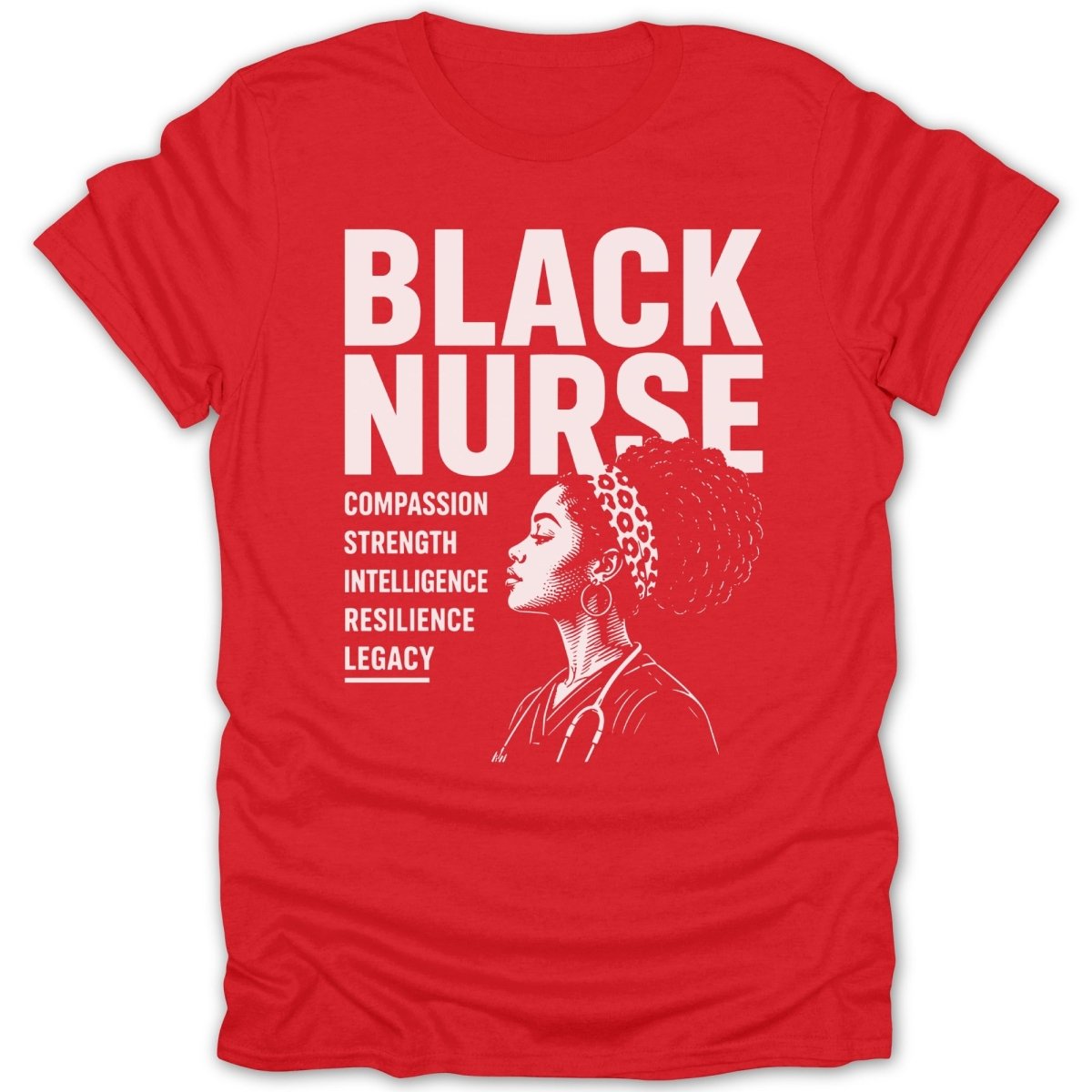 Red t-shirt with text "BLACK NURSE" and attributes of a nurse.