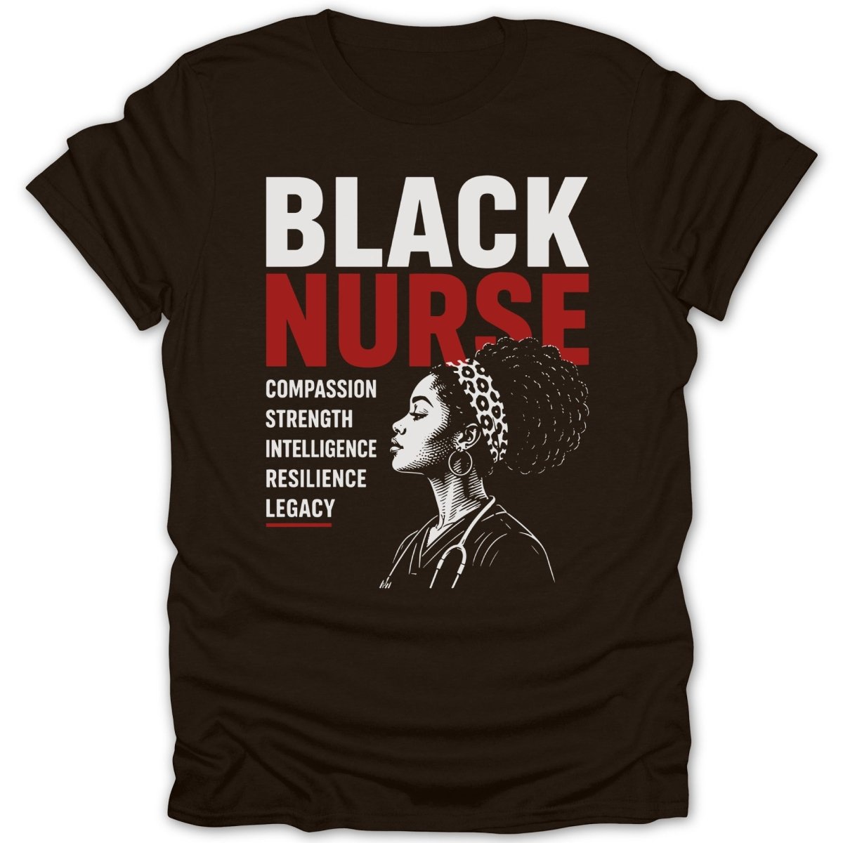 Black Nurse text with a portrait of a woman and words compassion, strength, intelligence, resilience, legacy.