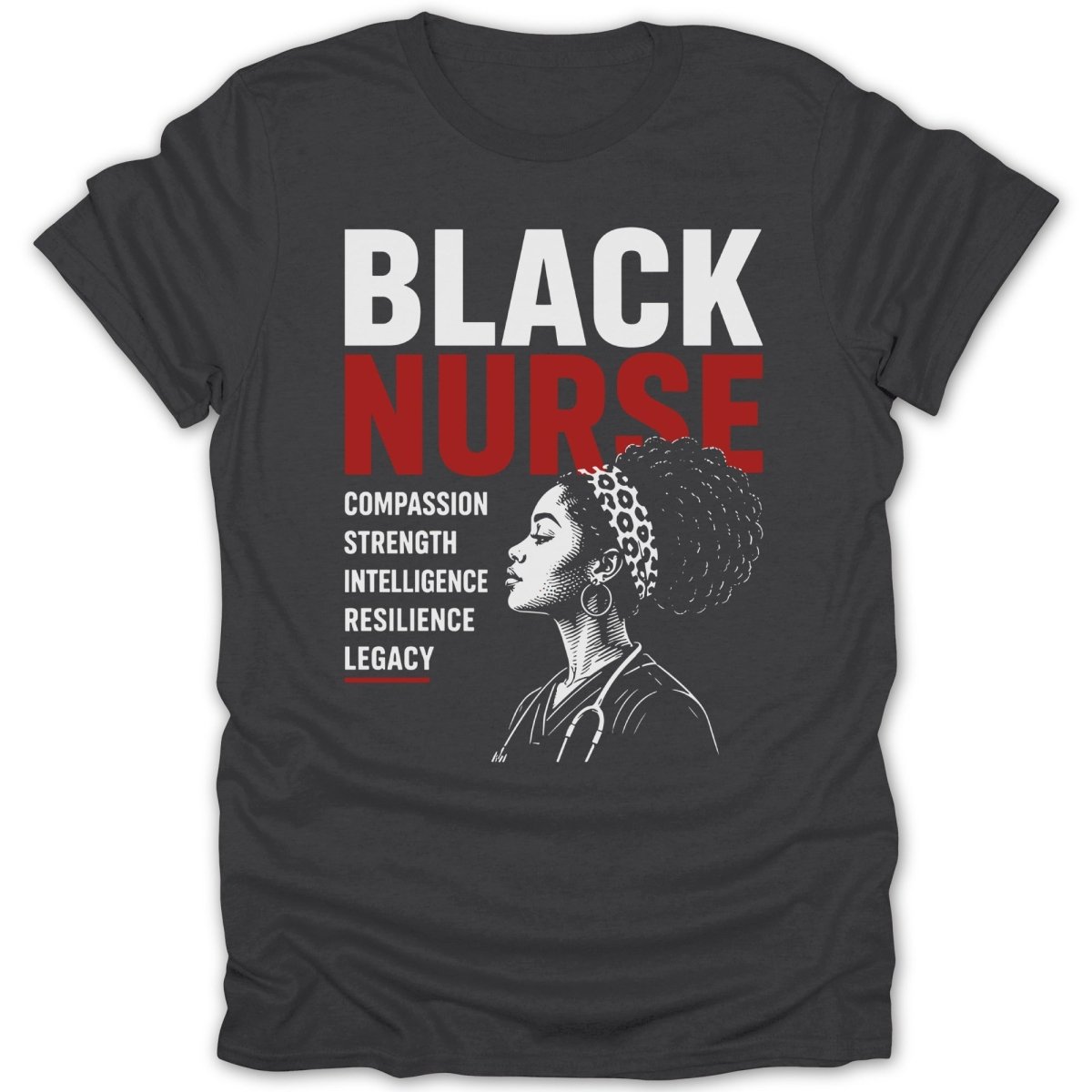 Black Nurse text with profile of woman and list of qualities.