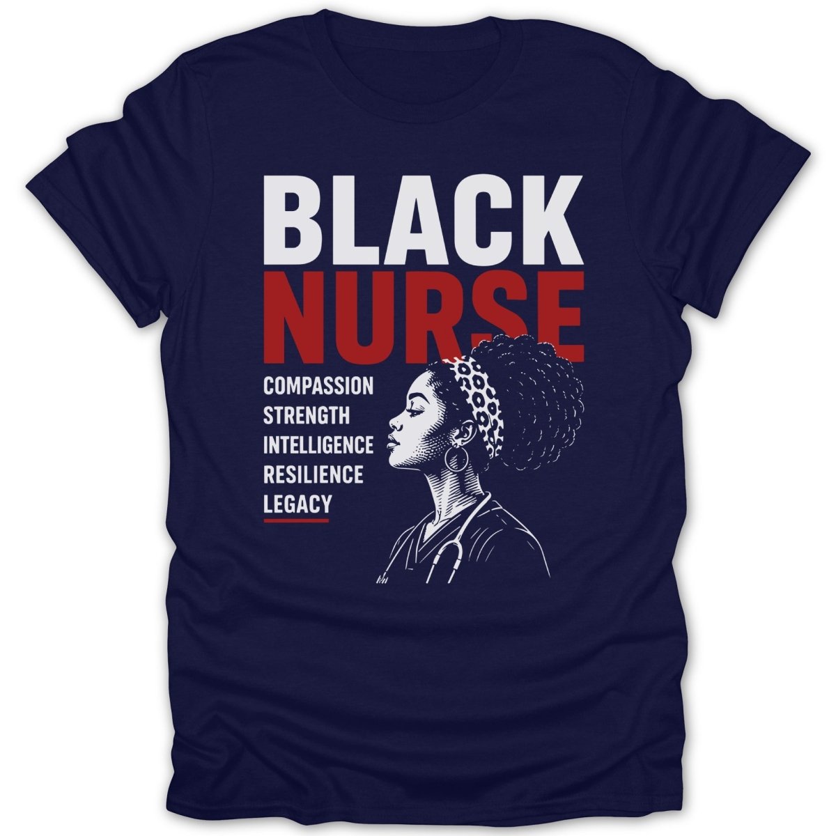 Black Nurse text with a portrait of a nurse and list of qualities: compassion, strength, intelligence, resilience, legacy.