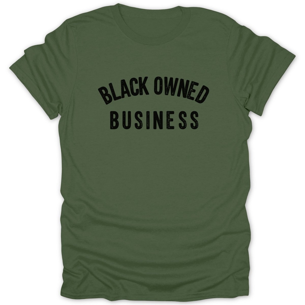Green t-shirt with "BLACK OWNED BUSINESS" printed in distressed black text.