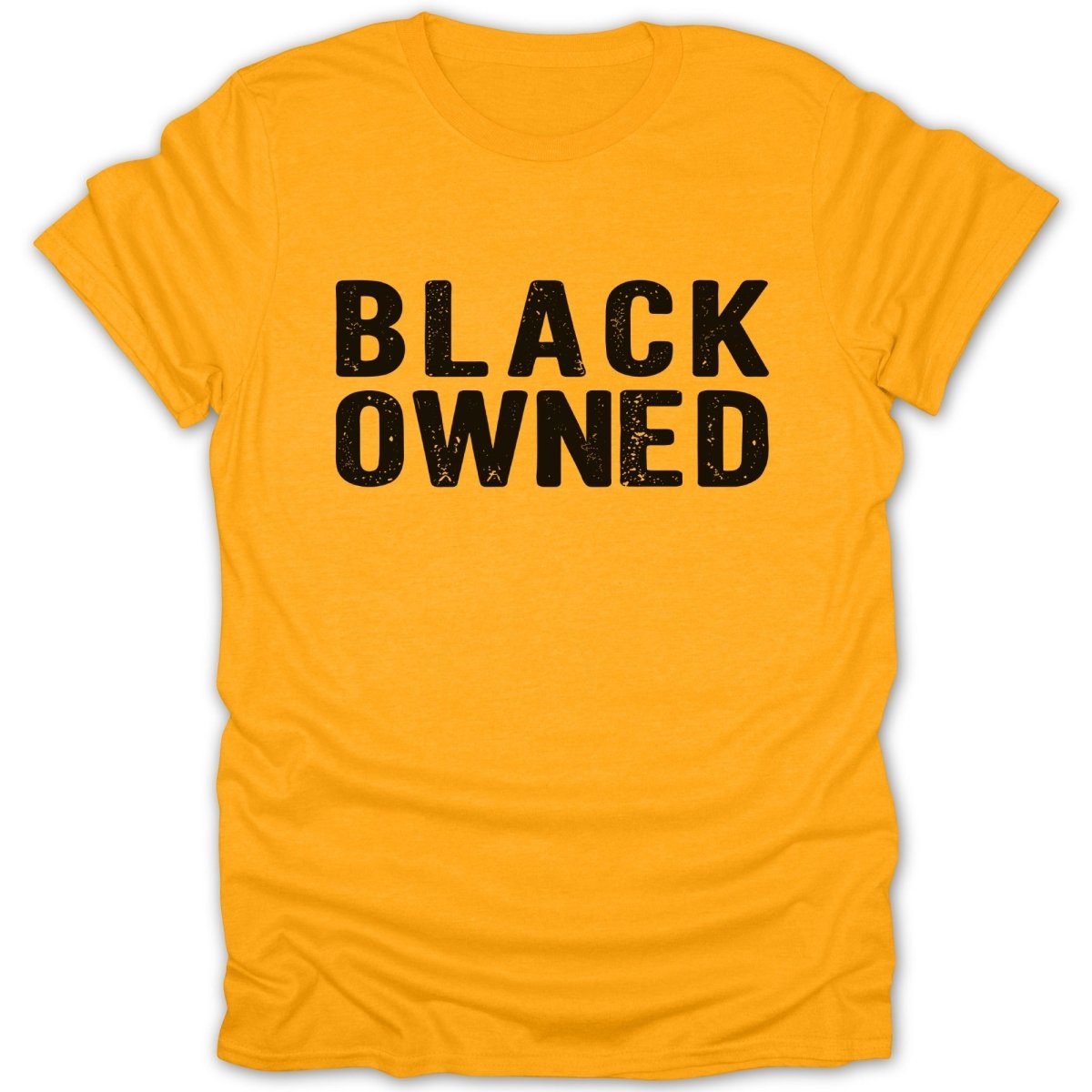 Yellow t-shirt with black distressed text reading "BLACK OWNED".