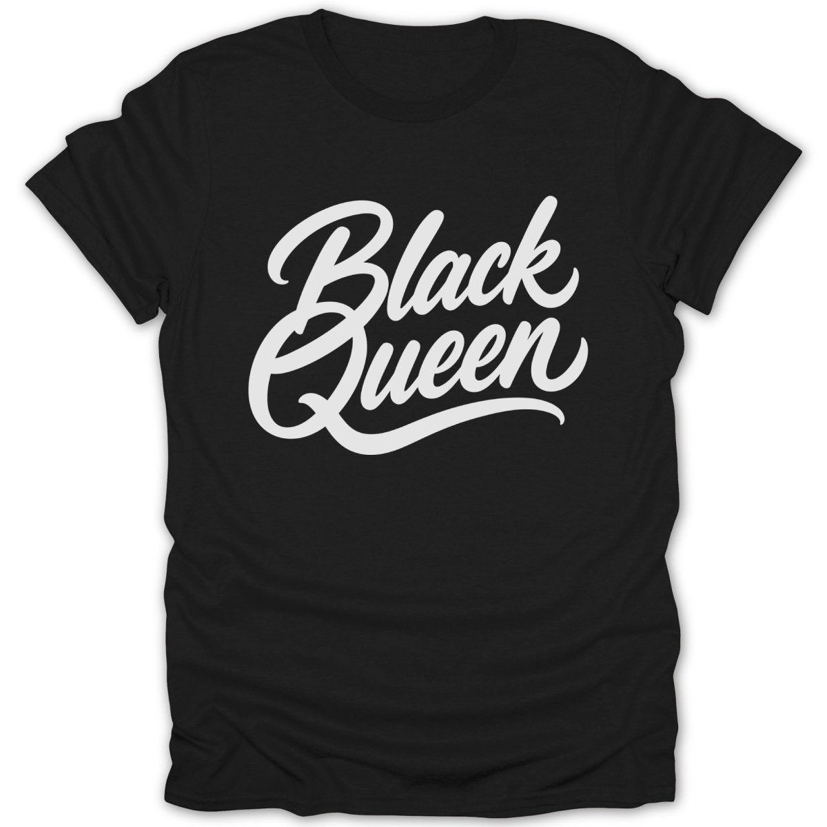 Black Queen text on a black t-shirt