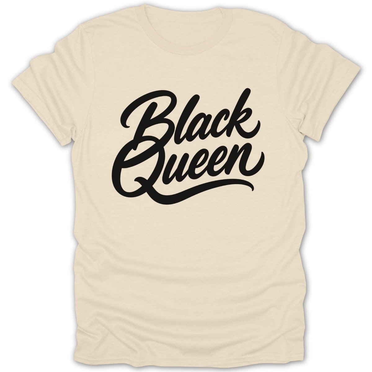 Cream t-shirt with black cursive text that reads "Black Queen".