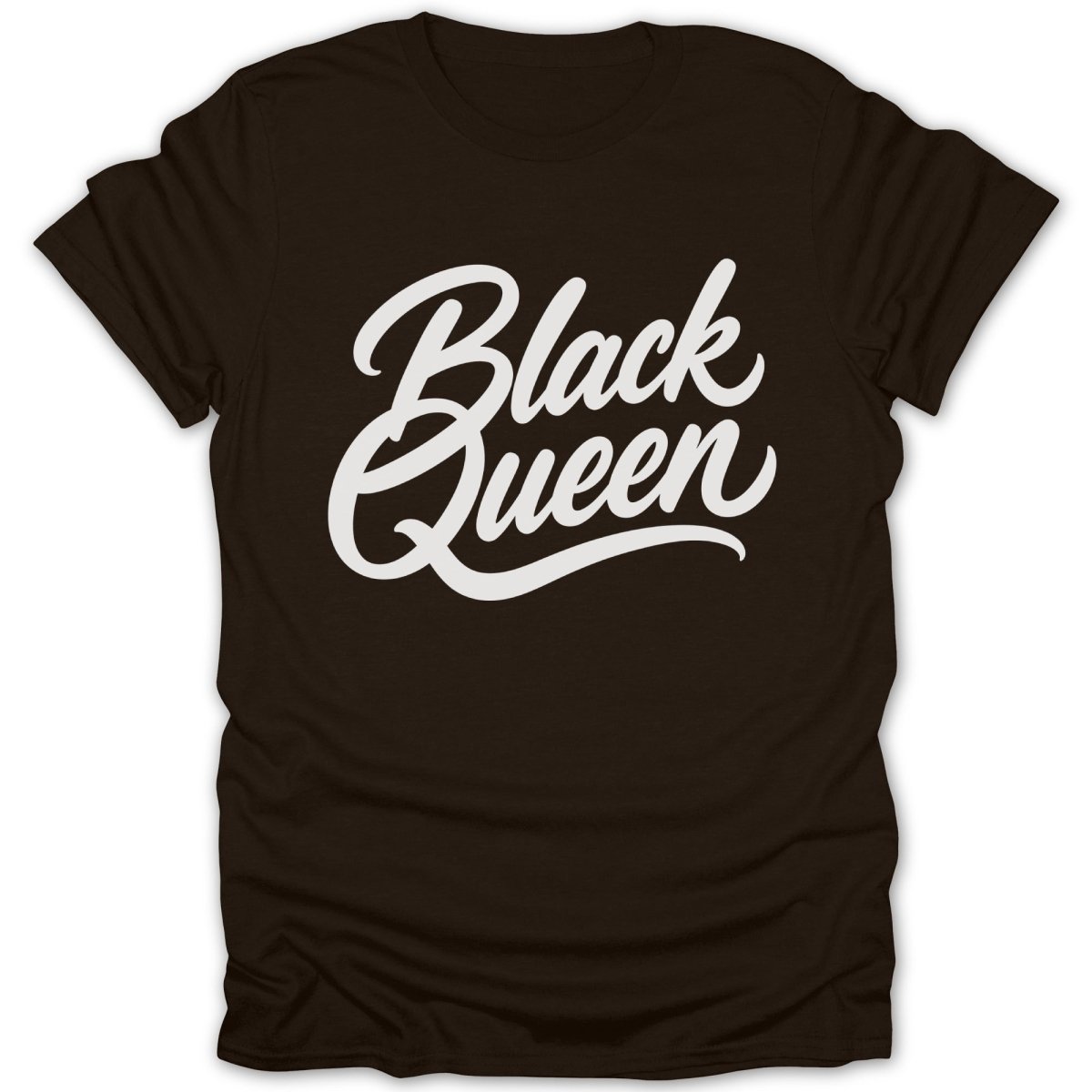 Brown t-shirt with white "Black Queen" script text on the front.