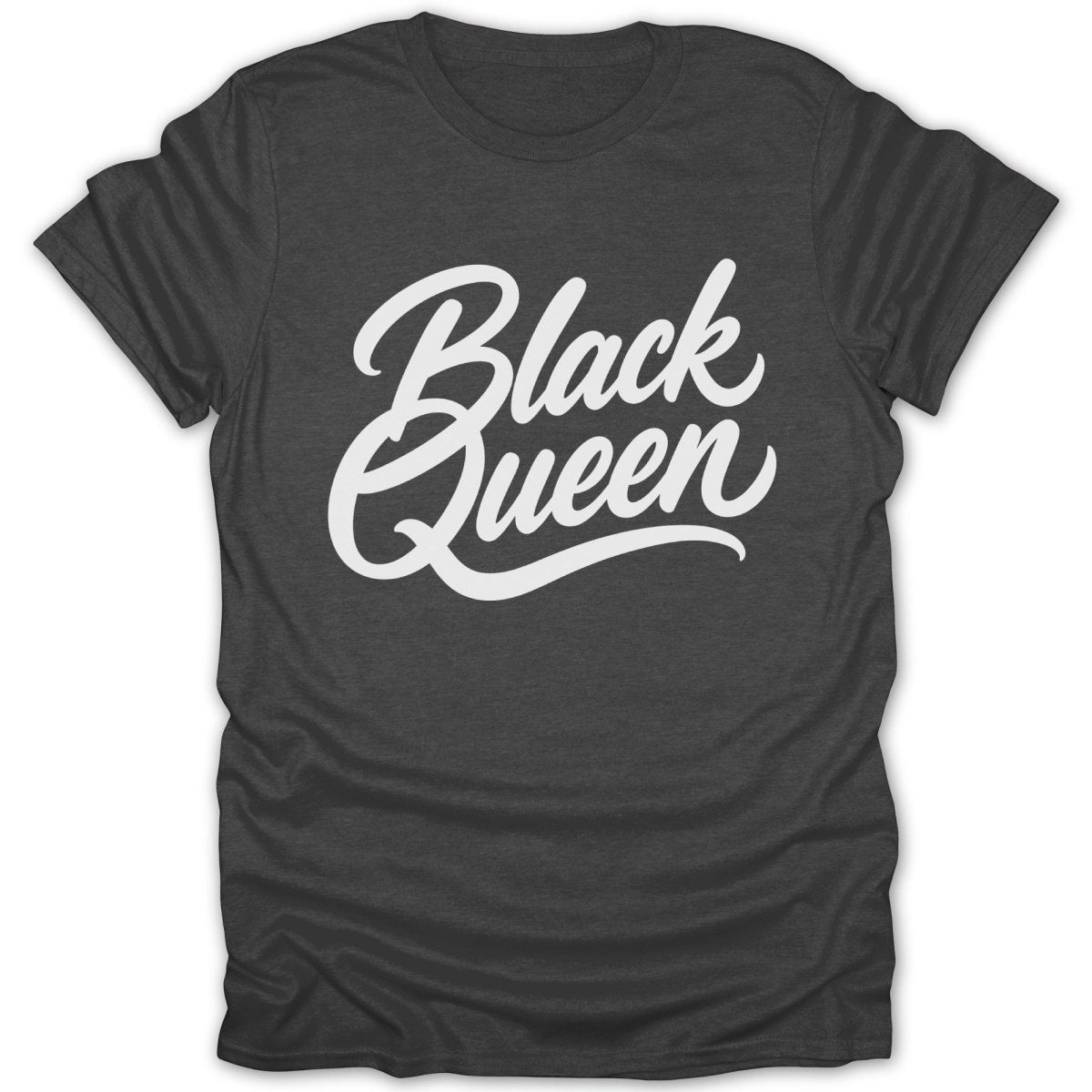 Dark grey t-shirt with white "Black Queen" script text.