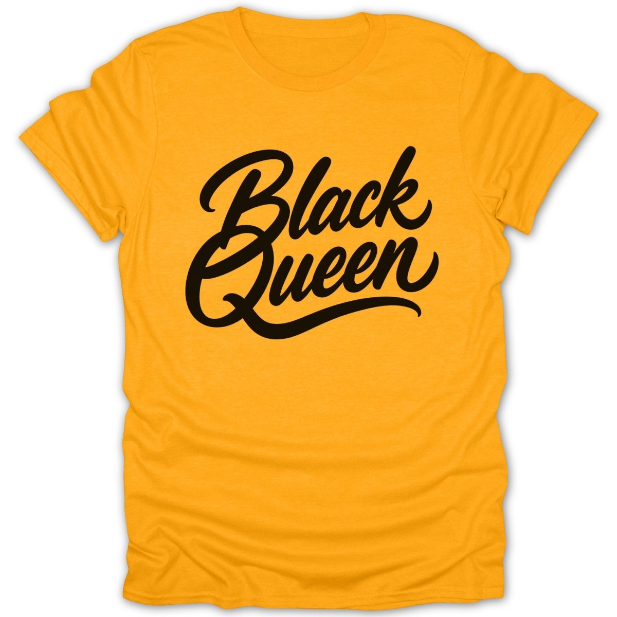 Gold t-shirt with black script text reading "Black Queen".