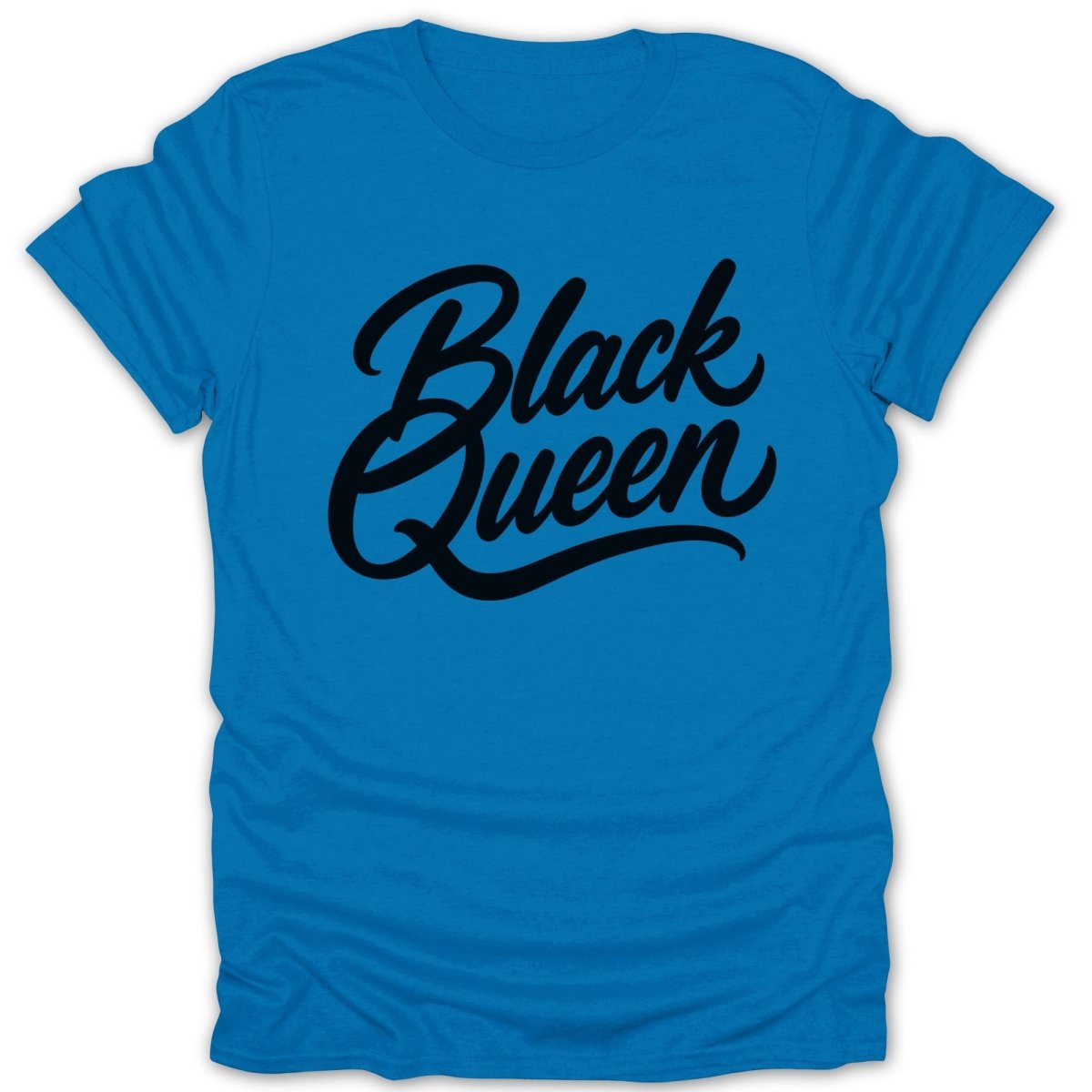 Blue t-shirt with "Black Queen" in black script lettering
