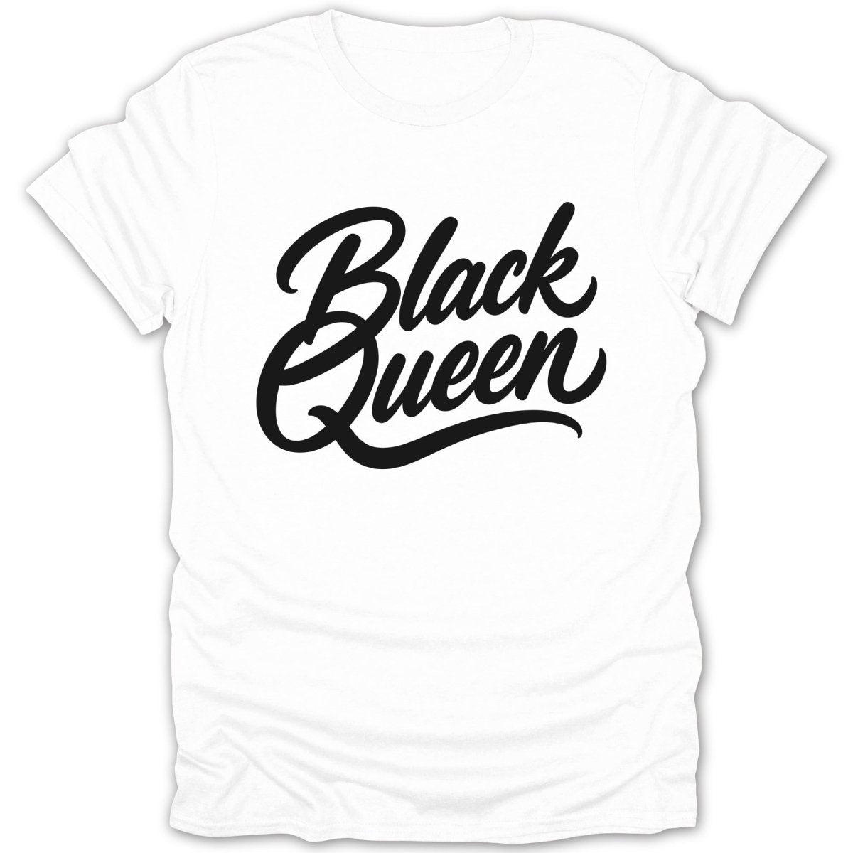 White t-shirt with black script text that reads "Black Queen".