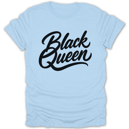 Light blue t-shirt with black "Black Queen" script writing.
