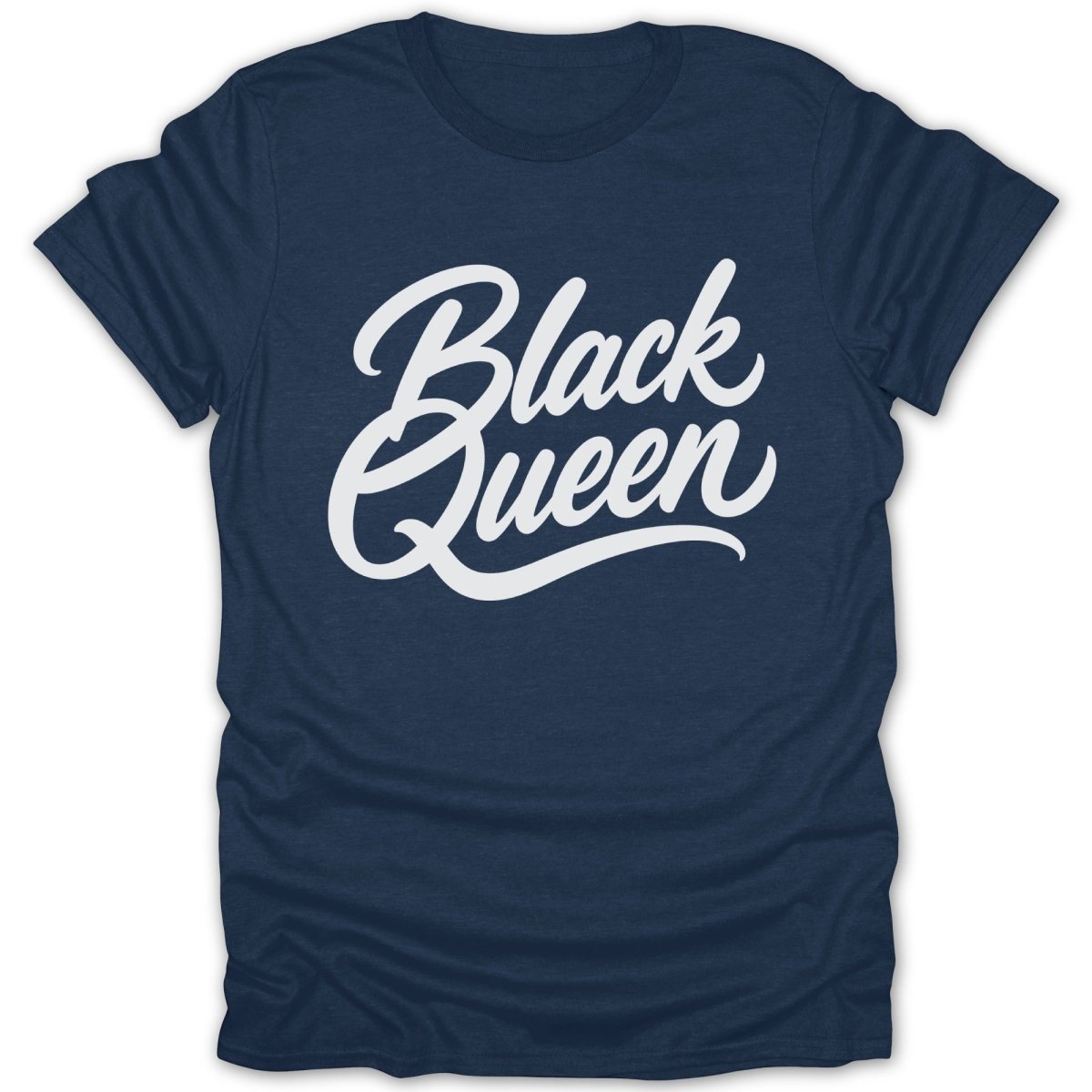 Navy t-shirt with white "Black Queen" text in script font.