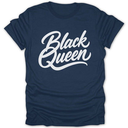 Navy t-shirt with white "Black Queen" text in script font.