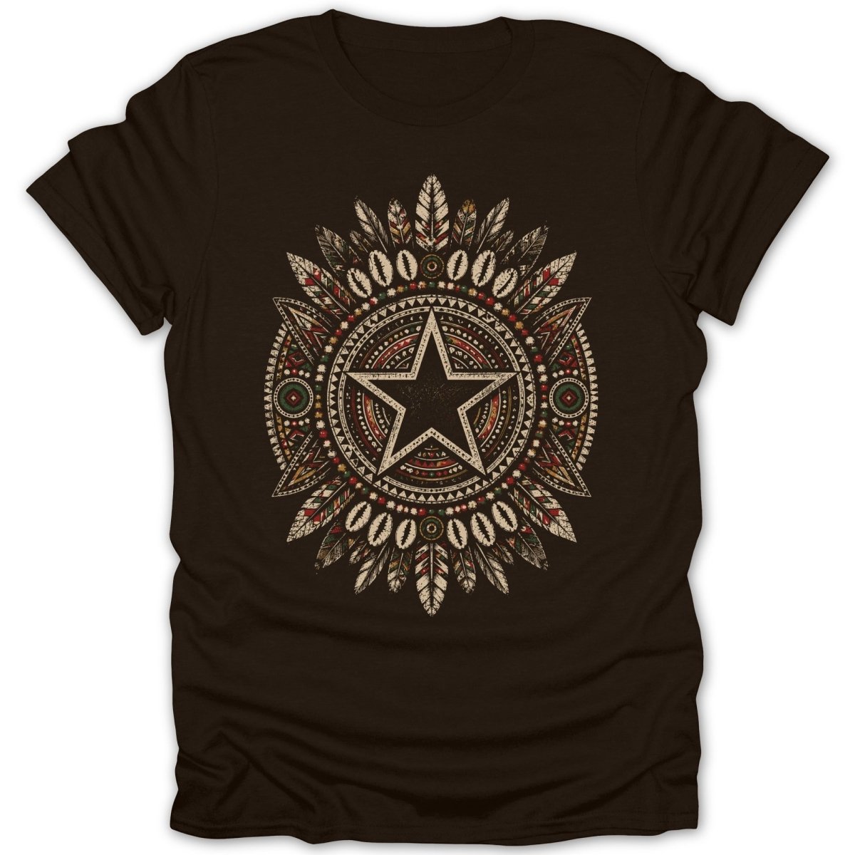 Brown t-shirt with Native American-inspired star and feather design.