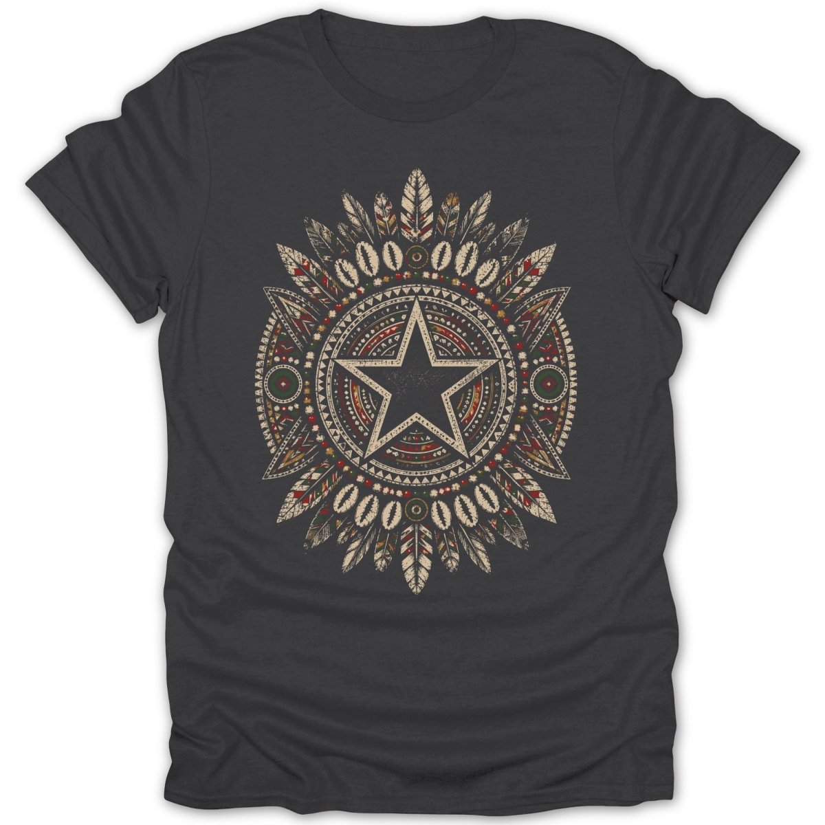 Dark t-shirt with a circular Native American-inspired feather and star design.