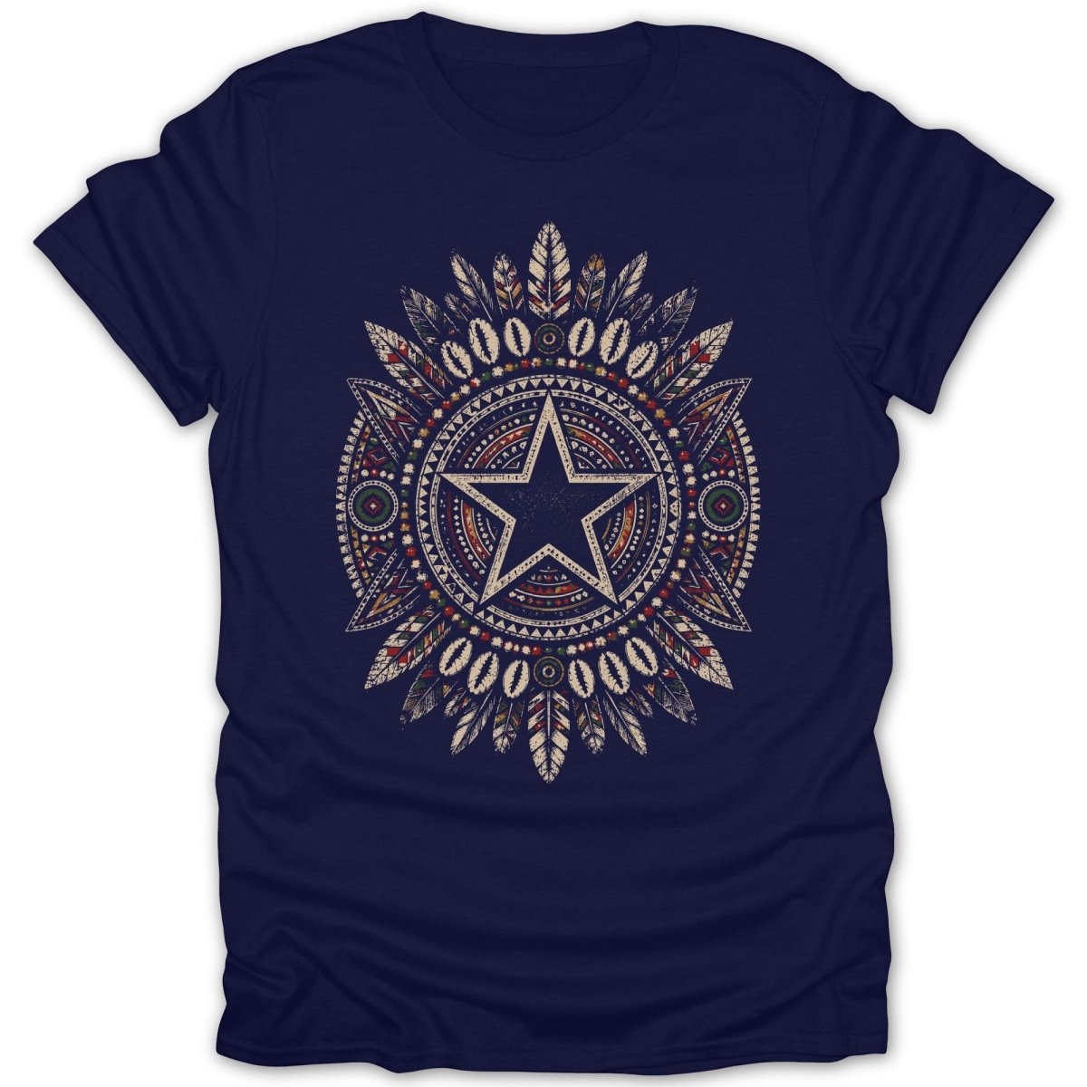 Navy t-shirt with a circular, feather-adorned star emblem.