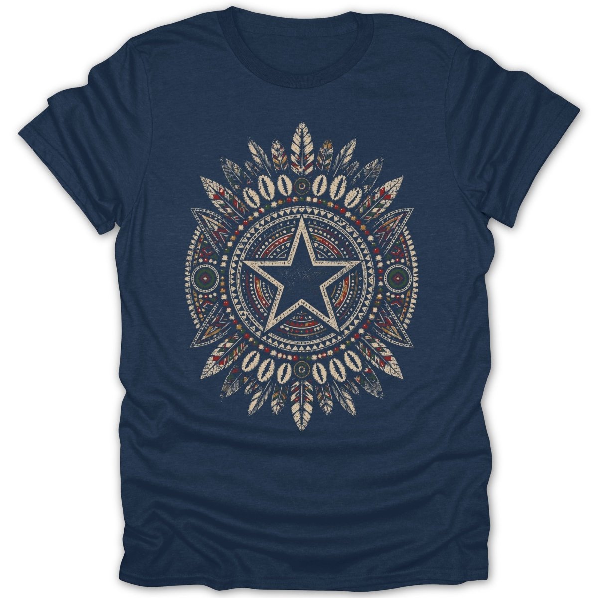 Navy t-shirt with a circular Native American-inspired star and feather design.