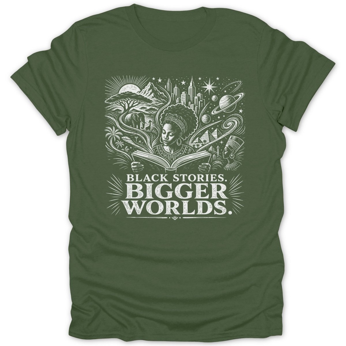 Green t-shirt with white graphic of a woman reading a book, depicting various scenes.