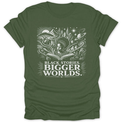 Green t-shirt with white graphic of a woman reading a book, depicting various scenes.