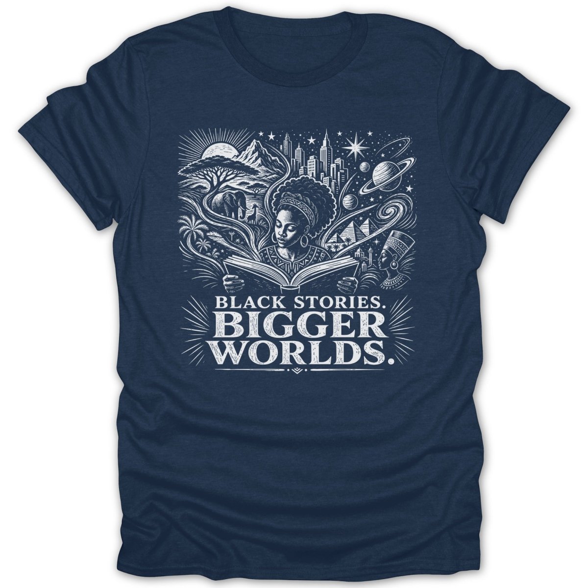 T-shirt graphic with woman reading, African landscape, city, and planets. Text: BLACK STORIES. BIGGER WORLDS.