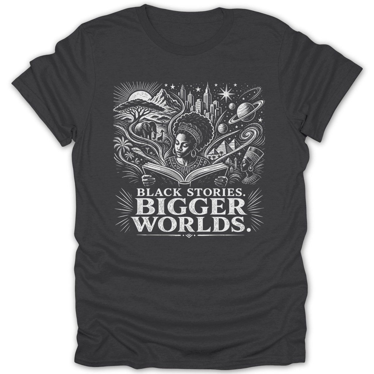 T-shirt with "BLACK STORIES. BIGGER WORLDS." text and illustration of a woman reading a book.