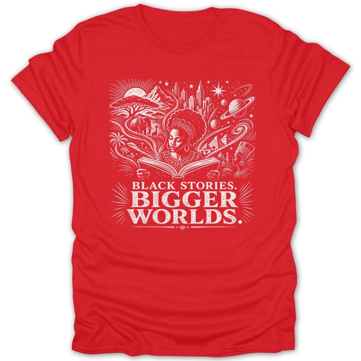 Red t-shirt with white graphic and text "BLACK STORIES. BIGGER WORLDS."