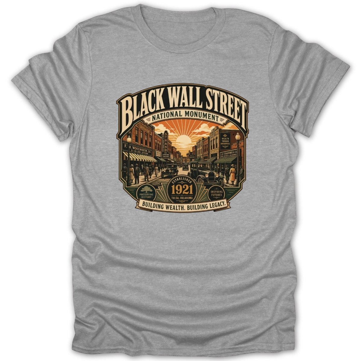 Black Wall Street National Monument art with vintage street scene and text.