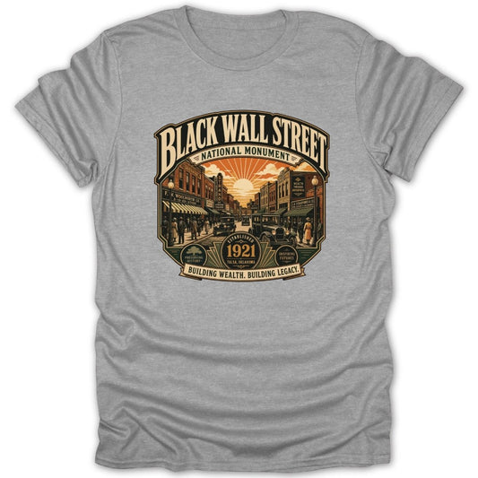 Black Wall Street National Monument art with vintage street scene and text.