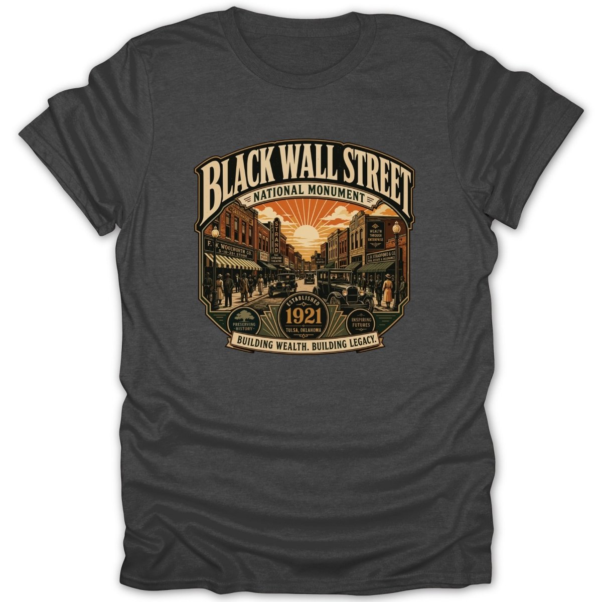 Black Wall Street National Monument graphic with 1921 Tulsa, Oklahoma and building wealth legacy.