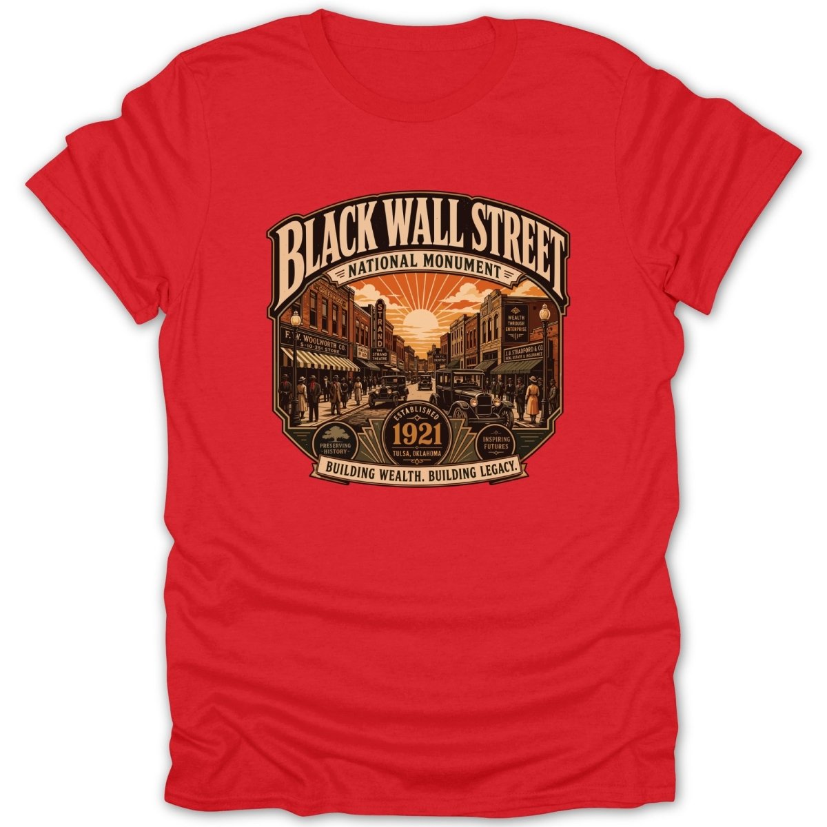Black Wall Street National Monument graphic with vintage street scene, established 1921.