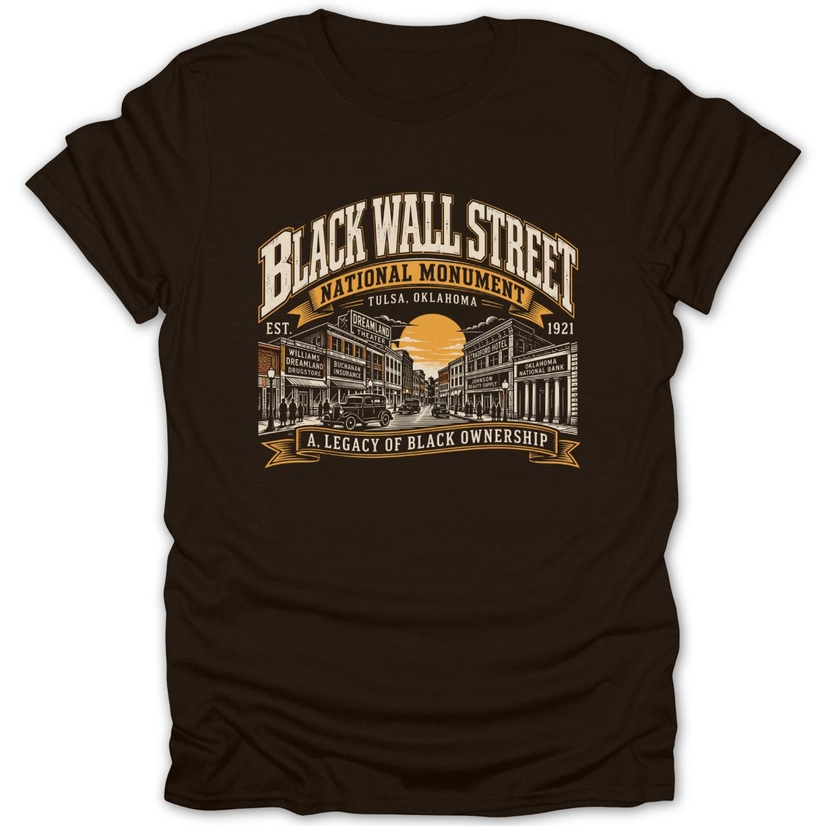 Black Wall Street National Monument Tulsa, Oklahoma with businesses and text: A Legacy of Black Ownership.