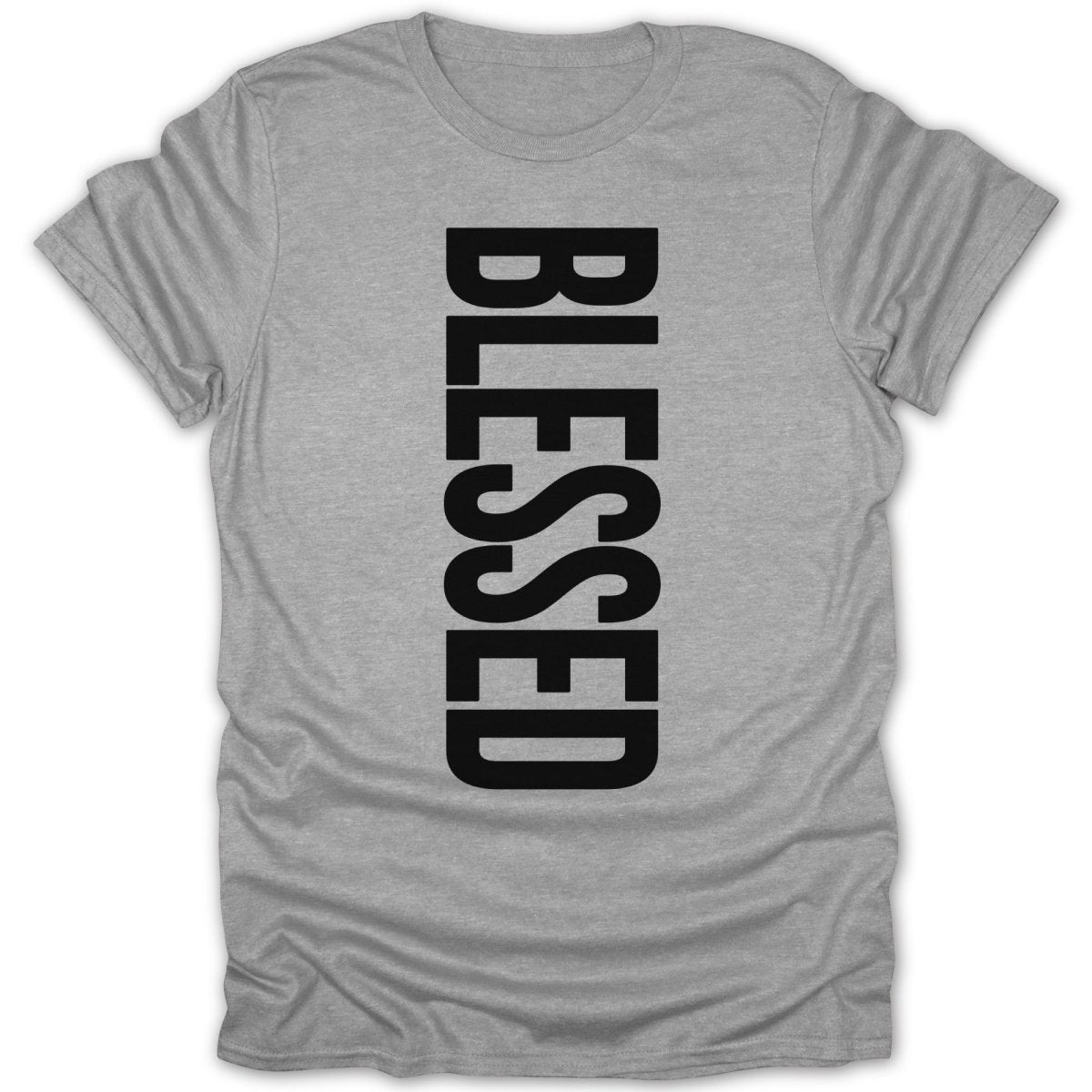 Gray t-shirt with the word "BLESSED" in large black block letters vertically.