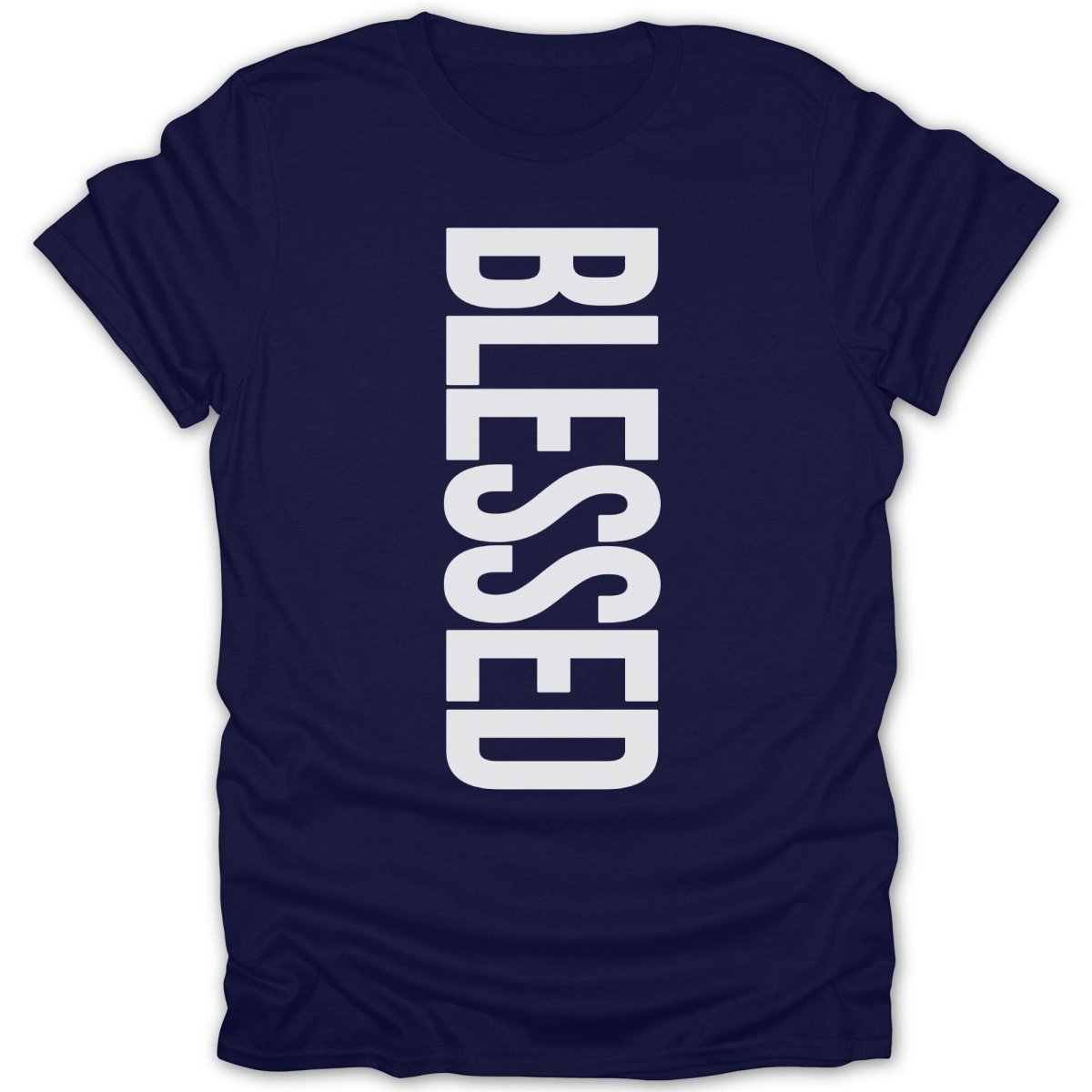 Navy blue t-shirt with "BLESSED" in white vertical text.