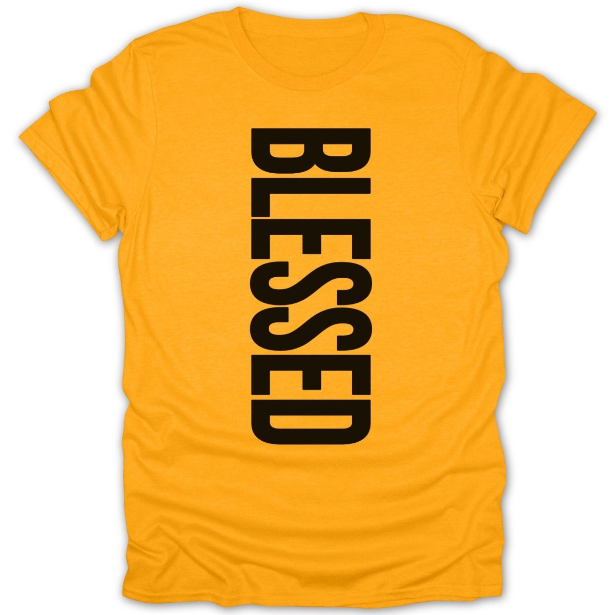 Yellow t-shirt with the word "BLESSED" in large black vertical text.