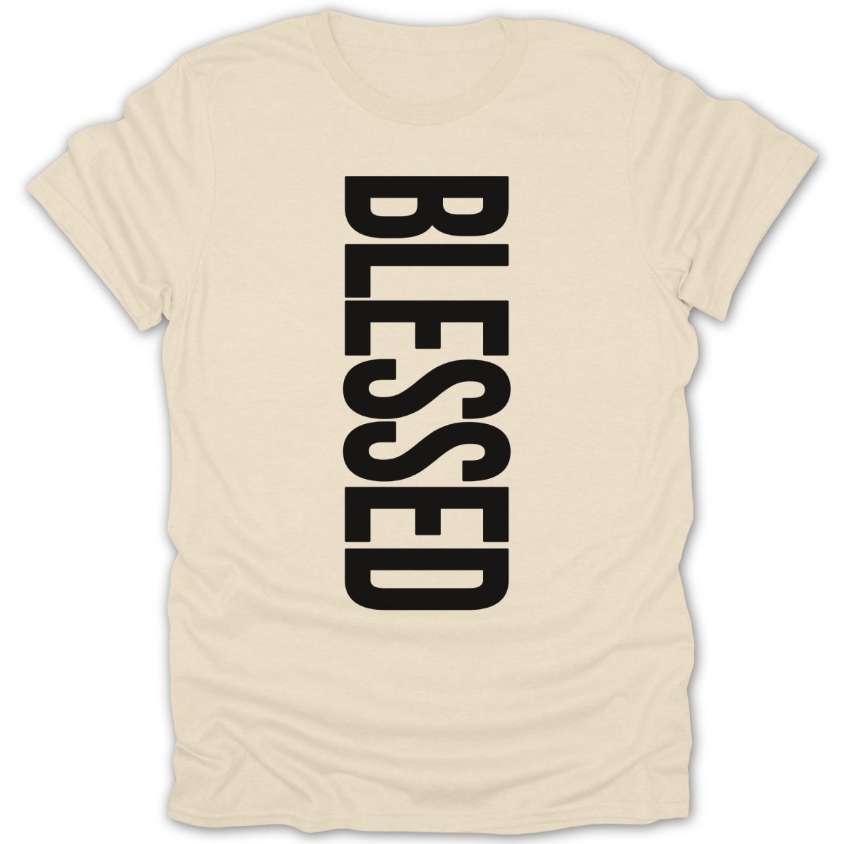 Cream t-shirt with the word "BLESSED" printed vertically in black text.