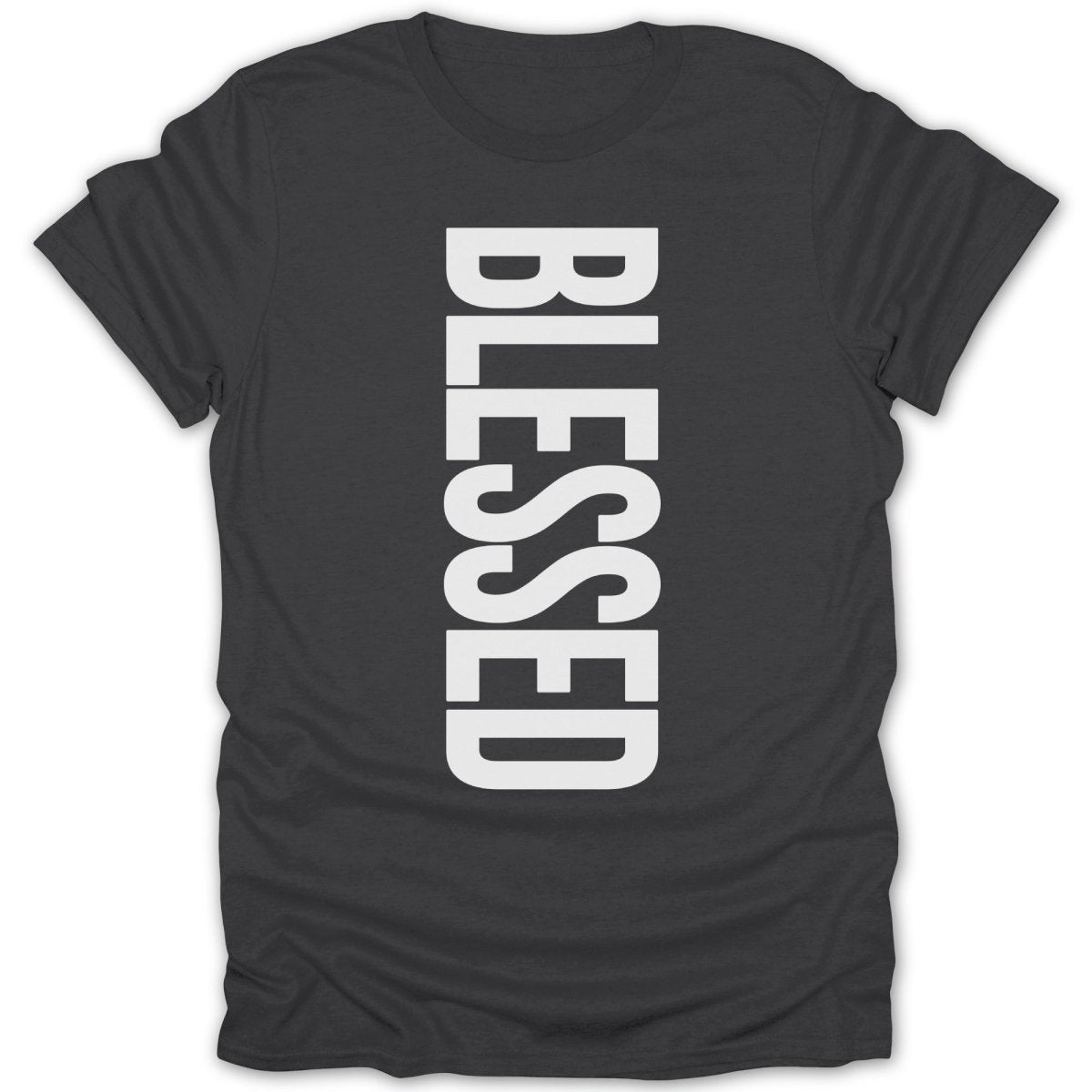 Dark t-shirt with "BLESSED" printed vertically in white text.